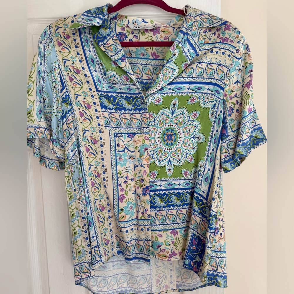 Zara Satin Multicolor Patchwork Button-Down Shirt - image 1